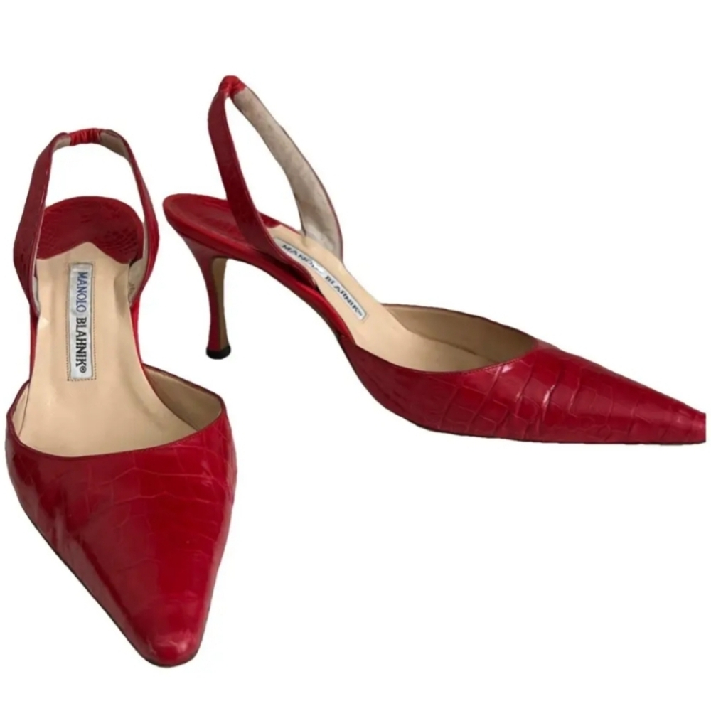 Manolo Blahnik VTG Carolyne Leather Red Sling Back Point Toe Kitten Heel 40/9.5 - Picture 10 of 10